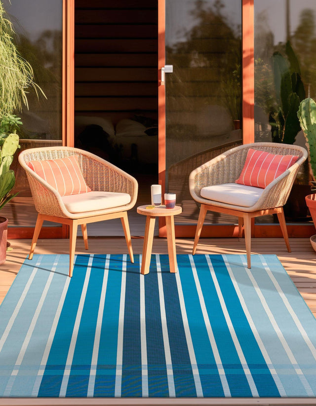 Blue 7' 10 x 7' 10 Outdoor Striped Square Area Rug Weather Resistant for Patio, Deck, Terrace, Balcony, Porch Geometric Pattern Waterproof Carpet for Sale at Rug Engine