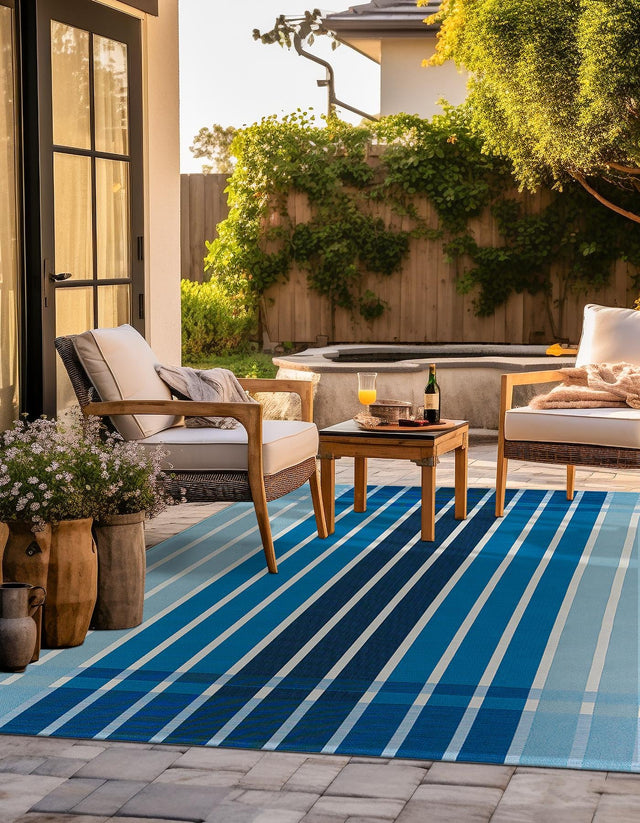 Blue 10' x 10' Outdoor Striped Square Area Rug Weather Resistant for Patio, Deck, Terrace, Balcony, Porch Geometric Pattern Waterproof Carpet for Sale at Rug Engine