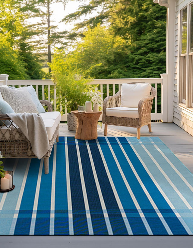 Blue 10' x 10' Outdoor Striped Square Area Rug Weather Resistant for Patio, Deck, Terrace, Balcony, Porch Geometric Pattern Waterproof Carpet for Sale at Rug Engine