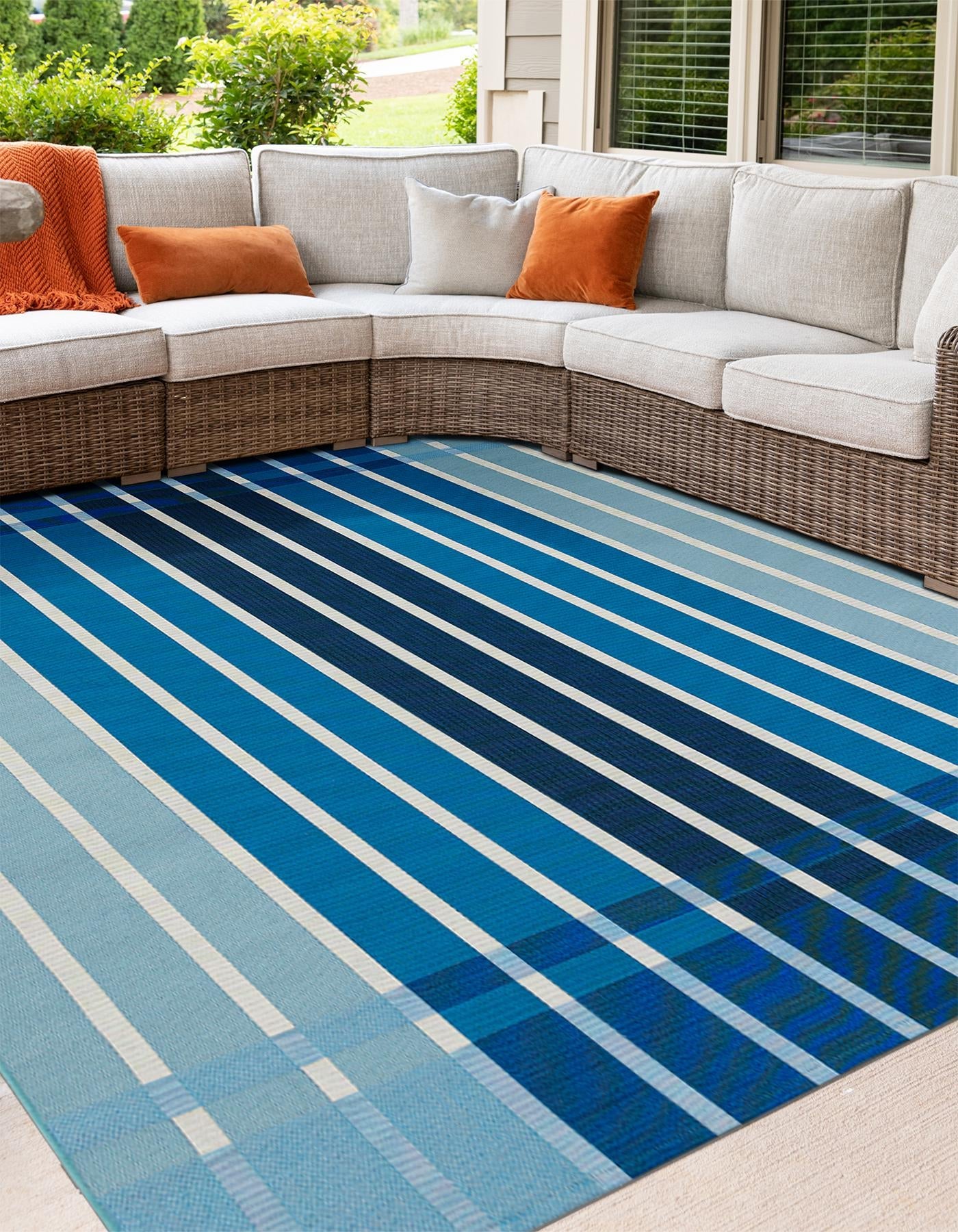 Blue 7' 10 x 7' 10 Outdoor Striped Square Area Rug Weather Resistant for Patio, Deck, Terrace, Balcony, Porch Geometric Pattern Waterproof Carpet for Sale at Rug Engine
