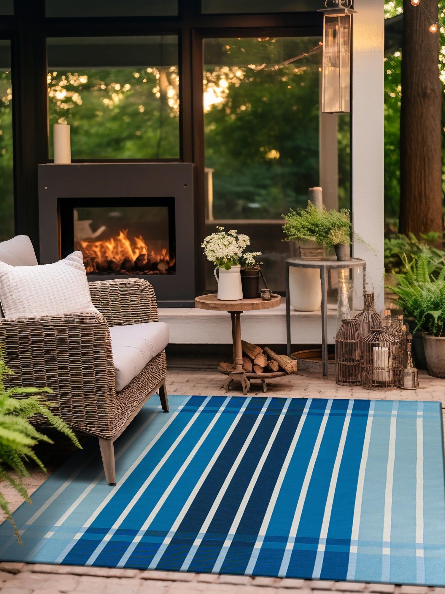Blue 7' 10 x 7' 10 Outdoor Striped Square Area Rug Weather Resistant for Patio, Deck, Terrace, Balcony, Porch Geometric Pattern Waterproof Carpet for Sale at Rug Engine