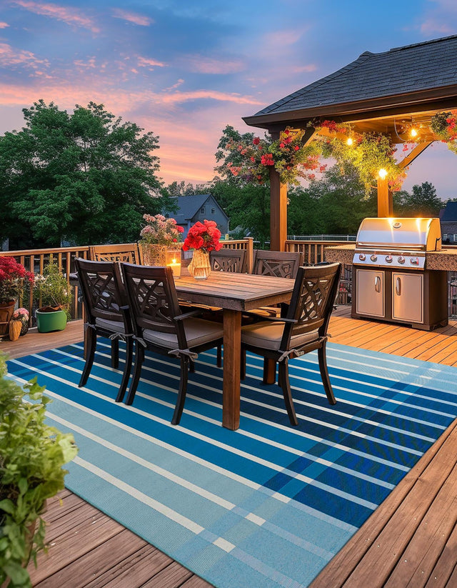 Blue 10' x 10' Outdoor Striped Square Area Rug Weather Resistant for Patio, Deck, Terrace, Balcony, Porch Geometric Pattern Waterproof Carpet for Sale at Rug Engine