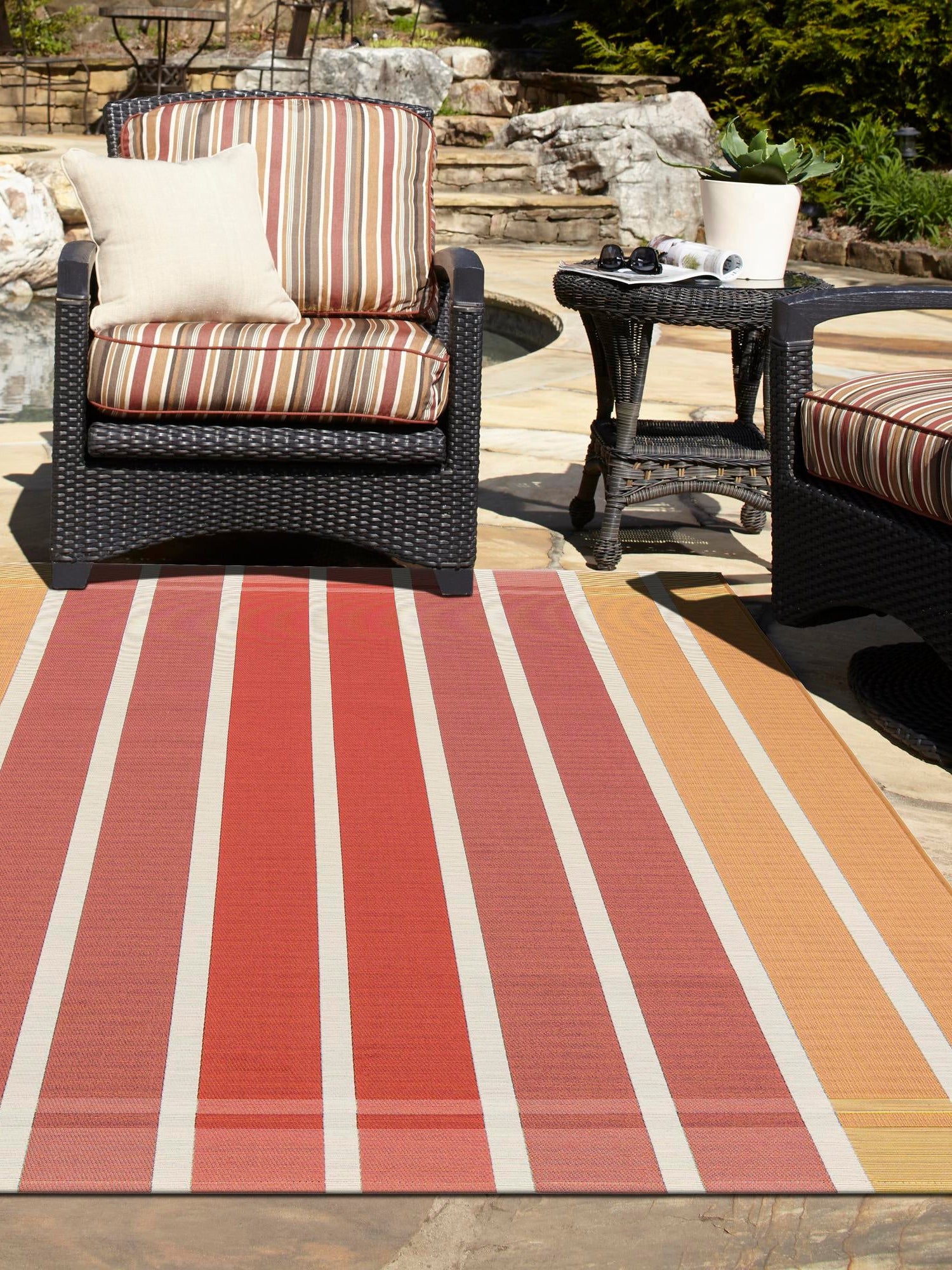 Peach and Salmon 4' 1 x 6' 1 Outdoor Striped Rectangle Area Rug Weather Resistant for Patio, Deck, Terrace, Balcony, Porch Geometric Pattern Waterproof Carpet for Sale at Rug Engine
