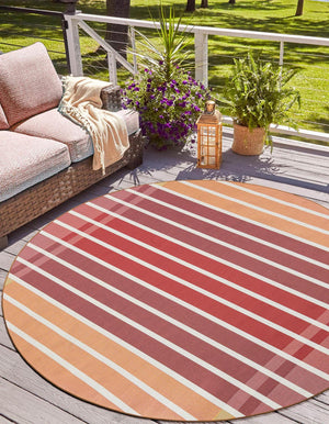 Peach and Salmon 3' 1 x 3' 1 Outdoor Striped Round Area Rug Weather Resistant for Patio, Deck, Terrace, Balcony, Porch Geometric Pattern Waterproof Carpet for Sale at Rug Engine