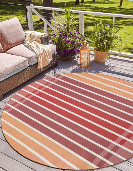 Peach and Salmon 3' 1 x 3' 1 Outdoor Striped Round Area Rug Weather Resistant for Patio, Deck, Terrace, Balcony, Porch Geometric Pattern Waterproof Carpet for Sale at Rug Engine