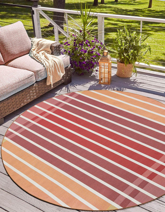 Peach and Salmon 3' 1 x 3' 1 Outdoor Striped Round Area Rug Weather Resistant for Patio, Deck, Terrace, Balcony, Porch Geometric Pattern Waterproof Carpet for Sale at Rug Engine