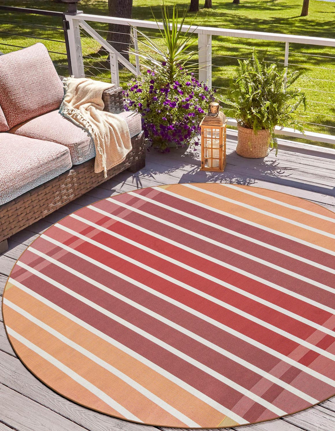 Peach and Salmon 10' x 10' Outdoor Striped Round Area Rug Weather Resistant for Patio, Deck, Terrace, Balcony, Porch Geometric Pattern Waterproof Carpet for Sale at Rug Engine