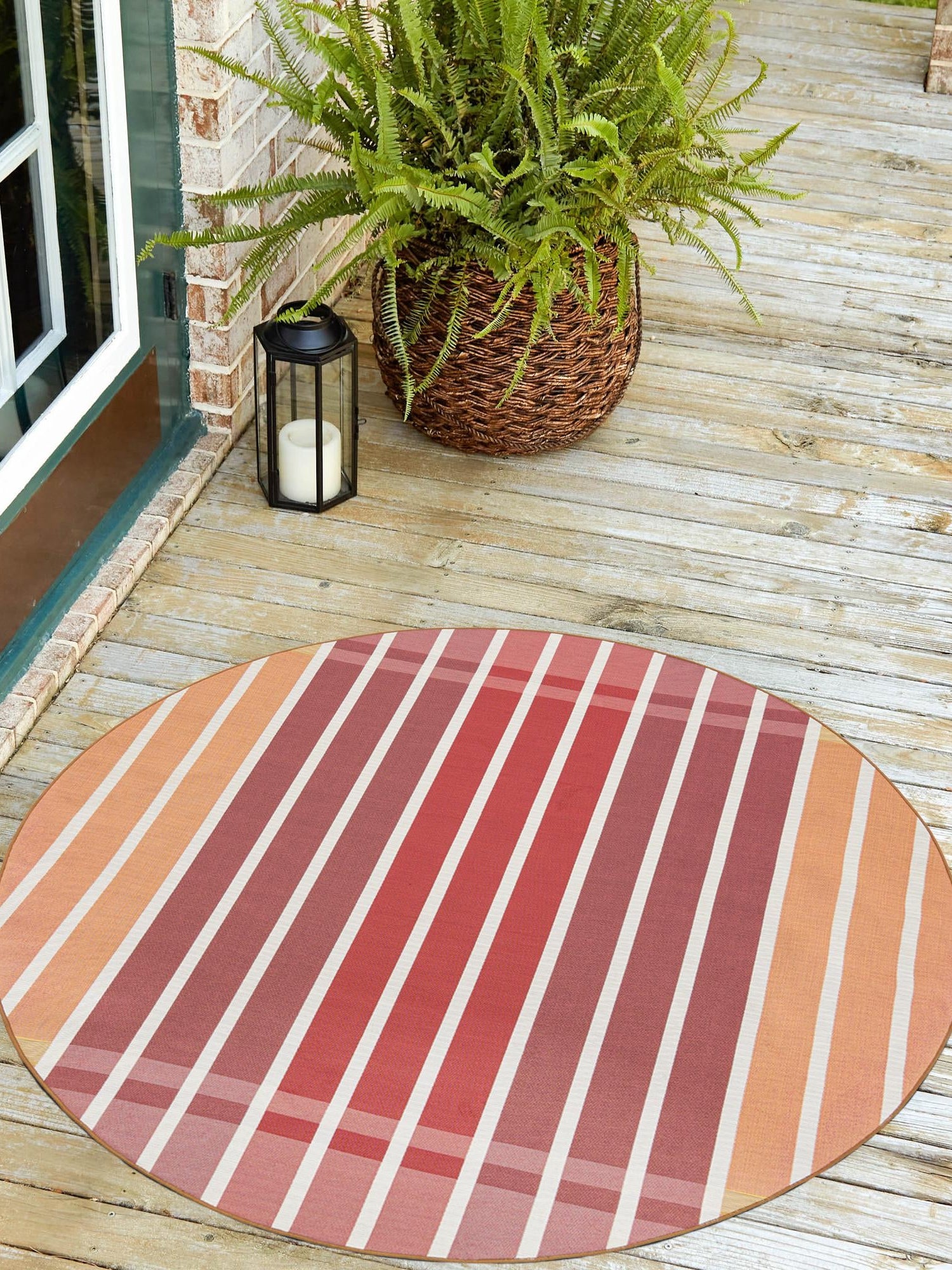 Peach and Salmon 3' 1 x 3' 1 Outdoor Striped Round Area Rug Weather Resistant for Patio, Deck, Terrace, Balcony, Porch Geometric Pattern Waterproof Carpet for Sale at Rug Engine
