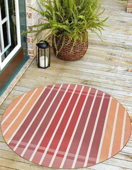 Peach and Salmon 3' 1 x 3' 1 Outdoor Striped Round Area Rug Weather Resistant for Patio, Deck, Terrace, Balcony, Porch Geometric Pattern Waterproof Carpet for Sale at Rug Engine