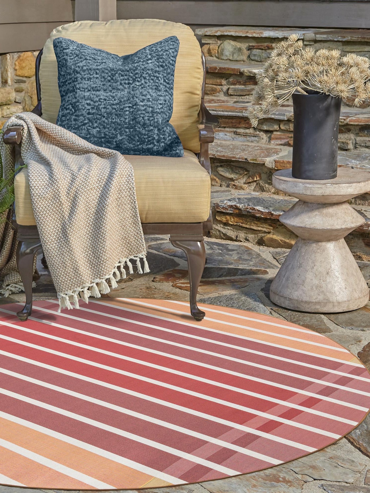 Peach and Salmon 3' 1 x 3' 1 Outdoor Striped Round Area Rug Weather Resistant for Patio, Deck, Terrace, Balcony, Porch Geometric Pattern Waterproof Carpet for Sale at Rug Engine