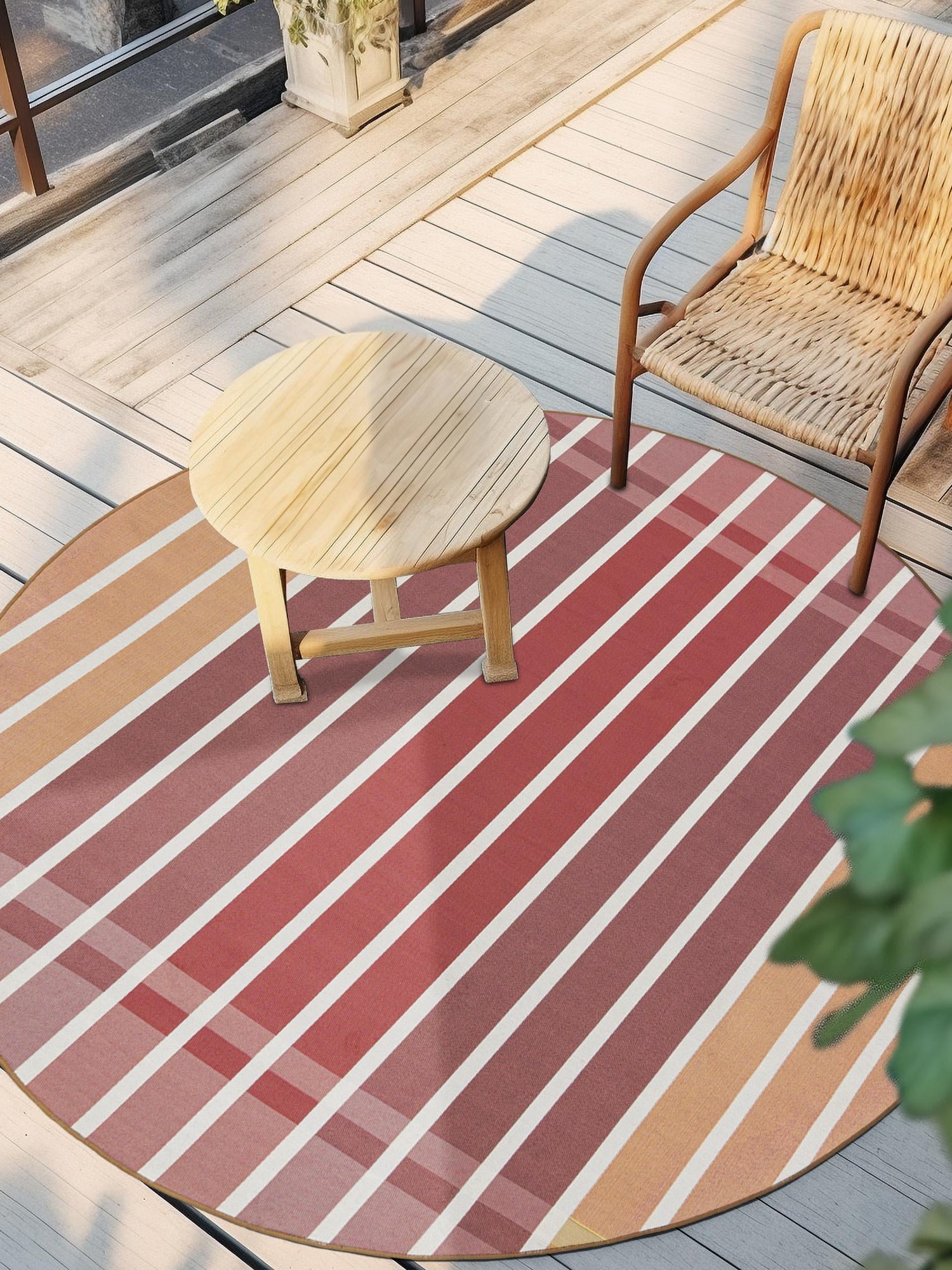 Peach and Salmon 3' 1 x 3' 1 Outdoor Striped Round Area Rug Weather Resistant for Patio, Deck, Terrace, Balcony, Porch Geometric Pattern Waterproof Carpet for Sale at Rug Engine