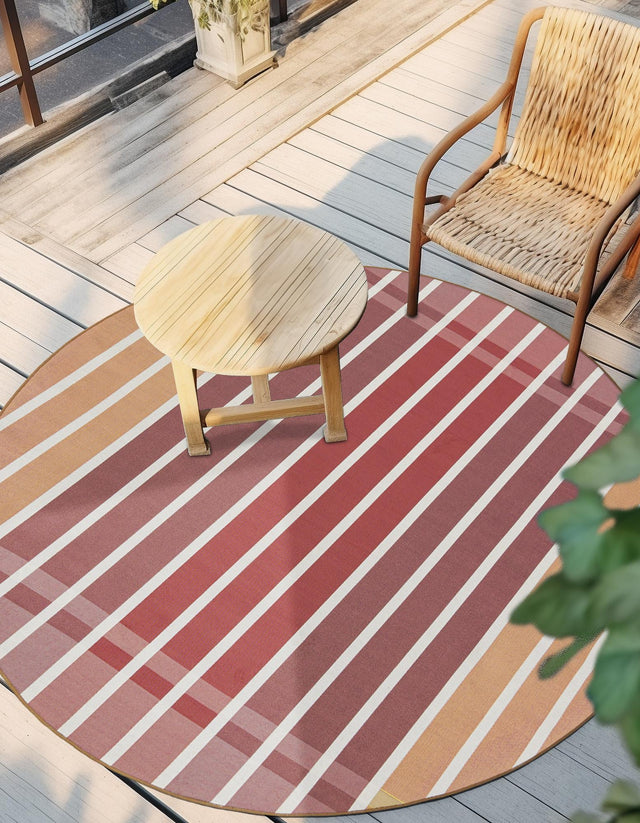 Peach and Salmon 3' 1 x 3' 1 Outdoor Striped Round Area Rug Weather Resistant for Patio, Deck, Terrace, Balcony, Porch Geometric Pattern Waterproof Carpet for Sale at Rug Engine
