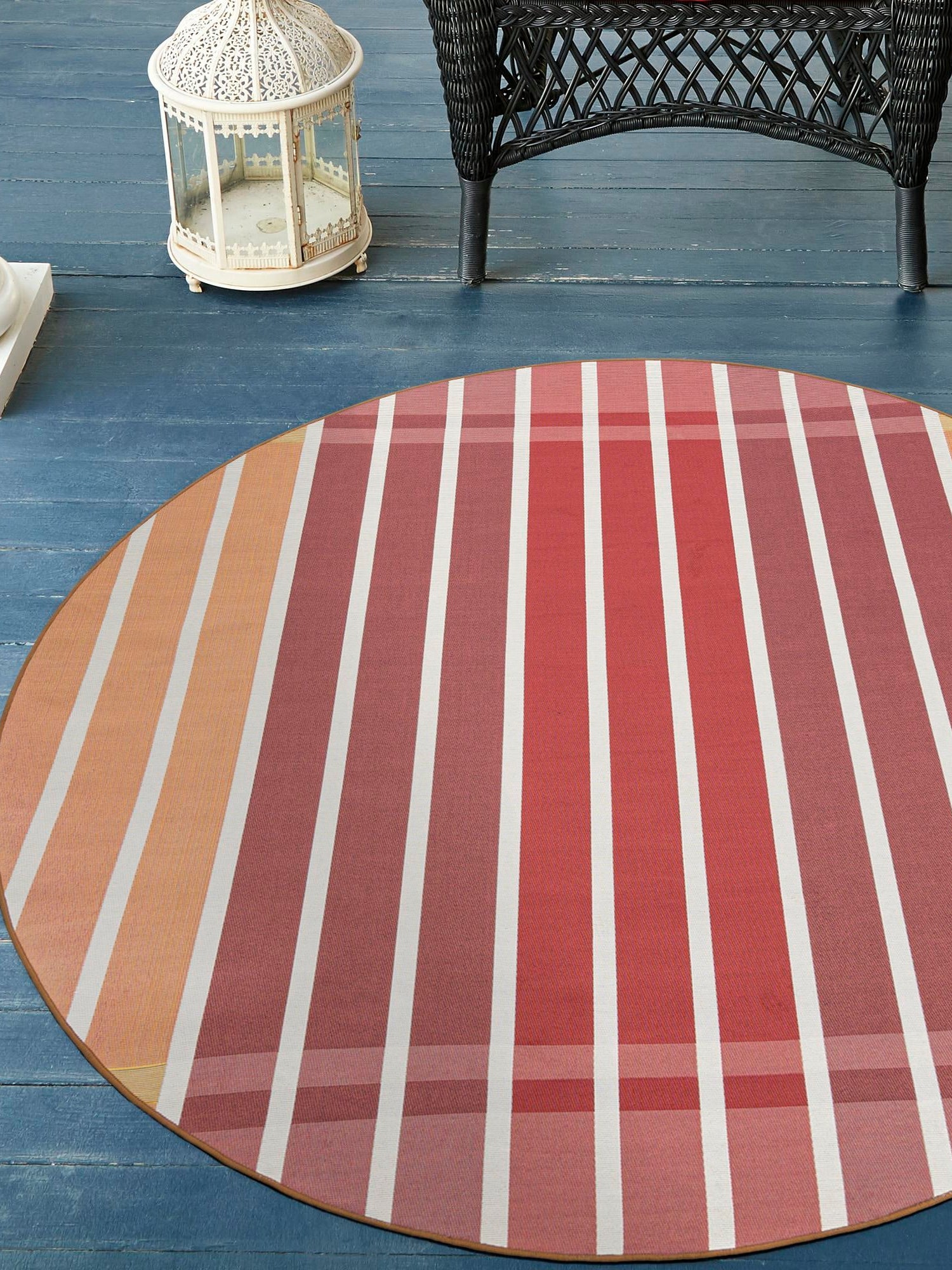 Peach and Salmon 10' x 10' Outdoor Striped Round Area Rug Weather Resistant for Patio, Deck, Terrace, Balcony, Porch Geometric Pattern Waterproof Carpet for Sale at Rug Engine