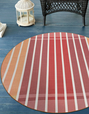 Peach and Salmon 3' 1 x 3' 1 Outdoor Striped Round Area Rug Weather Resistant for Patio, Deck, Terrace, Balcony, Porch Geometric Pattern Waterproof Carpet for Sale at Rug Engine