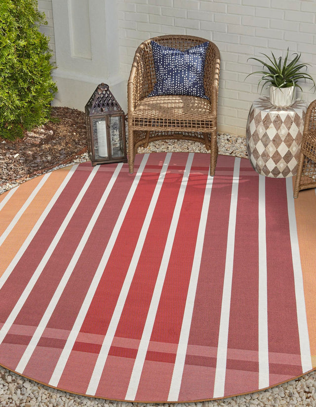 Peach and Salmon 3' 1 x 3' 1 Outdoor Striped Round Area Rug Weather Resistant for Patio, Deck, Terrace, Balcony, Porch Geometric Pattern Waterproof Carpet for Sale at Rug Engine