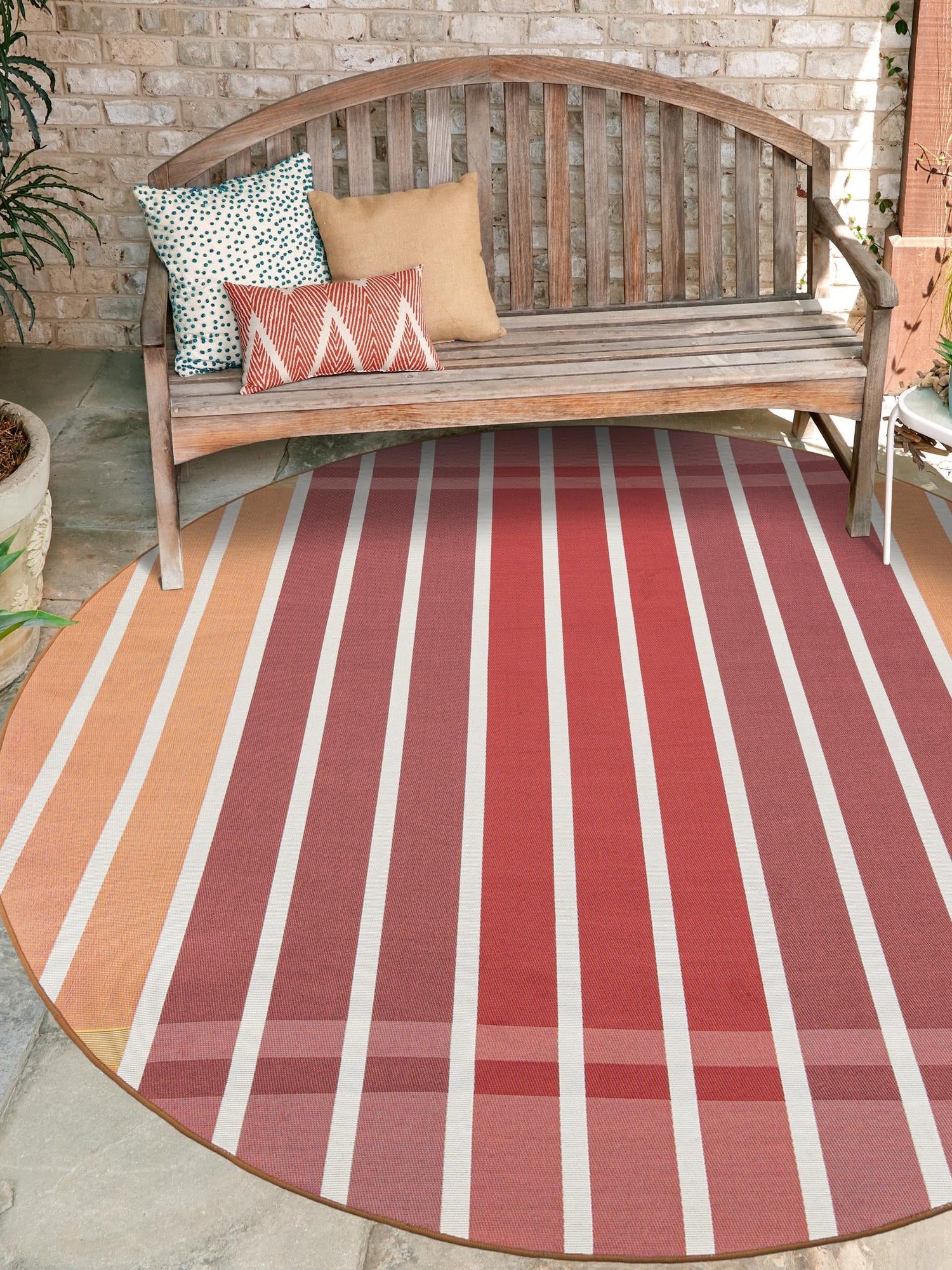 Peach and Salmon 10' x 10' Outdoor Striped Round Area Rug Weather Resistant for Patio, Deck, Terrace, Balcony, Porch Geometric Pattern Waterproof Carpet for Sale at Rug Engine