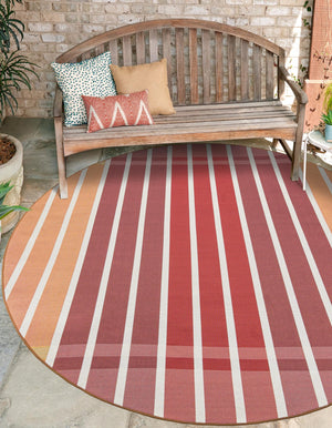 Peach and Salmon 3' 1 x 3' 1 Outdoor Striped Round Area Rug Weather Resistant for Patio, Deck, Terrace, Balcony, Porch Geometric Pattern Waterproof Carpet for Sale at Rug Engine