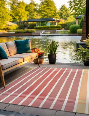 Peach and Salmon 10' x 10' Outdoor Striped Square Area Rug Weather Resistant for Patio, Deck, Terrace, Balcony, Porch Geometric Pattern Waterproof Carpet for Sale at Rug Engine
