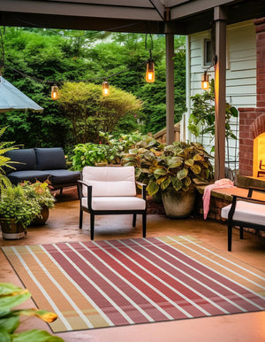 Peach and Salmon 10' x 10' Outdoor Striped Square Area Rug Weather Resistant for Patio, Deck, Terrace, Balcony, Porch Geometric Pattern Waterproof Carpet for Sale at Rug Engine