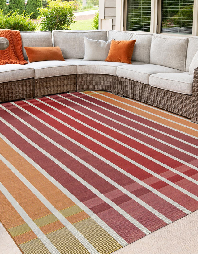 Peach and Salmon 7' 10 x 7' 10 Outdoor Striped Square Area Rug Weather Resistant for Patio, Deck, Terrace, Balcony, Porch Geometric Pattern Waterproof Carpet for Sale at Rug Engine