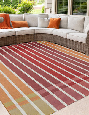Peach and Salmon 10' x 10' Outdoor Striped Square Area Rug Weather Resistant for Patio, Deck, Terrace, Balcony, Porch Geometric Pattern Waterproof Carpet for Sale at Rug Engine