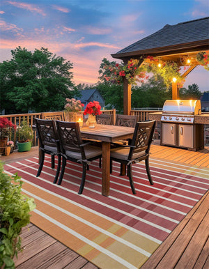 Peach and Salmon 10' x 10' Outdoor Striped Square Area Rug Weather Resistant for Patio, Deck, Terrace, Balcony, Porch Geometric Pattern Waterproof Carpet for Sale at Rug Engine