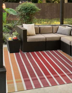 Peach and Salmon 7' 10 x 7' 10 Outdoor Striped Square Area Rug Weather Resistant for Patio, Deck, Terrace, Balcony, Porch Geometric Pattern Waterproof Carpet for Sale at Rug Engine