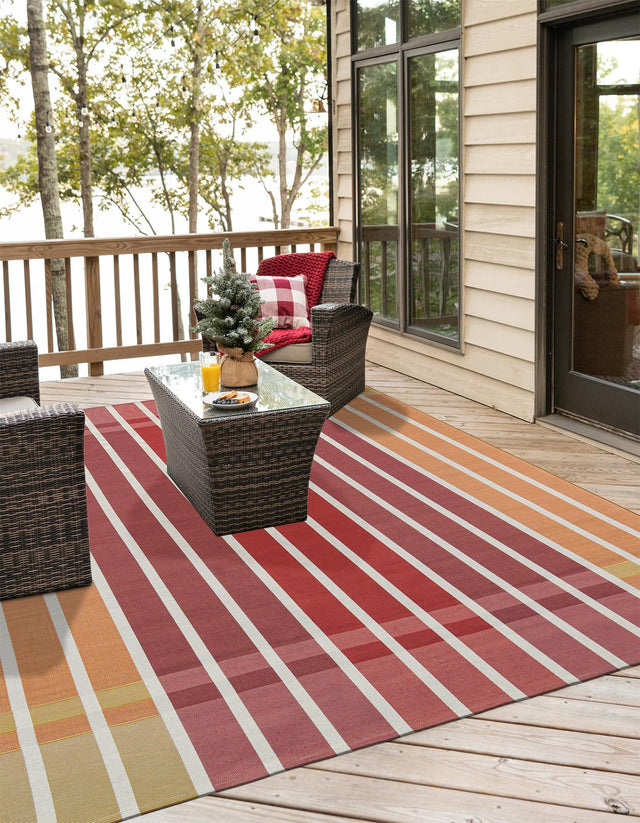 Peach and Salmon 10' x 10' Outdoor Striped Square Area Rug Weather Resistant for Patio, Deck, Terrace, Balcony, Porch Geometric Pattern Waterproof Carpet for Sale at Rug Engine