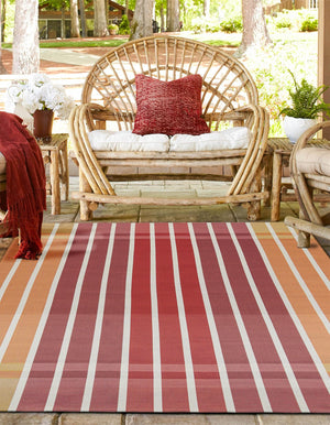 Peach and Salmon 7' 10 x 7' 10 Outdoor Striped Square Area Rug Weather Resistant for Patio, Deck, Terrace, Balcony, Porch Geometric Pattern Waterproof Carpet for Sale at Rug Engine