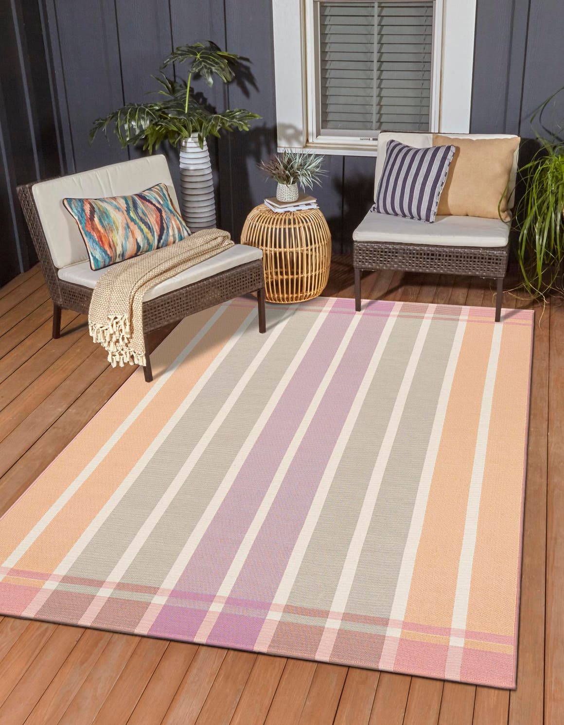 Pink and Lavender 7' 10 x 10' Outdoor Striped Rectangle Area Rug Weather Resistant for Patio, Deck, Terrace, Balcony, Porch Geometric Pattern Waterproof Carpet for Sale at Rug Engine