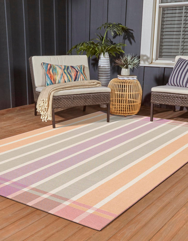 Pink and Lavender 6' 1 x 9' Outdoor Striped Rectangle Area Rug Weather Resistant for Patio, Deck, Terrace, Balcony, Porch Geometric Pattern Waterproof Carpet for Sale at Rug Engine