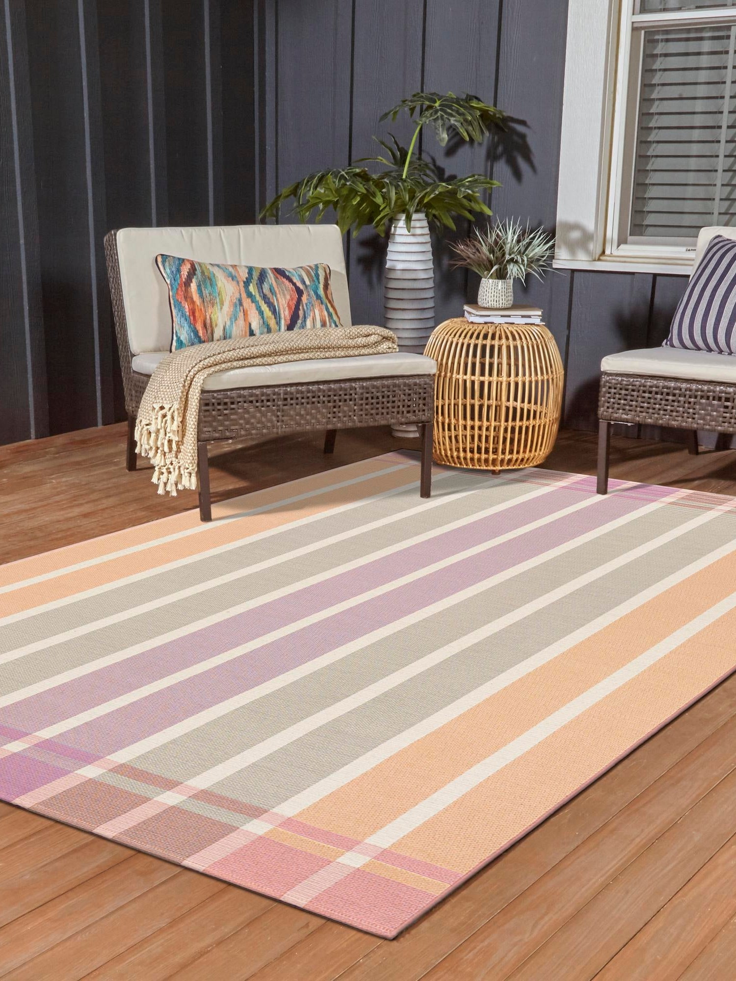 Pink and Lavender 10' x 13' 1 Outdoor Striped Rectangle Area Rug Weather Resistant for Patio, Deck, Terrace, Balcony, Porch Geometric Pattern Waterproof Carpet for Sale at Rug Engine