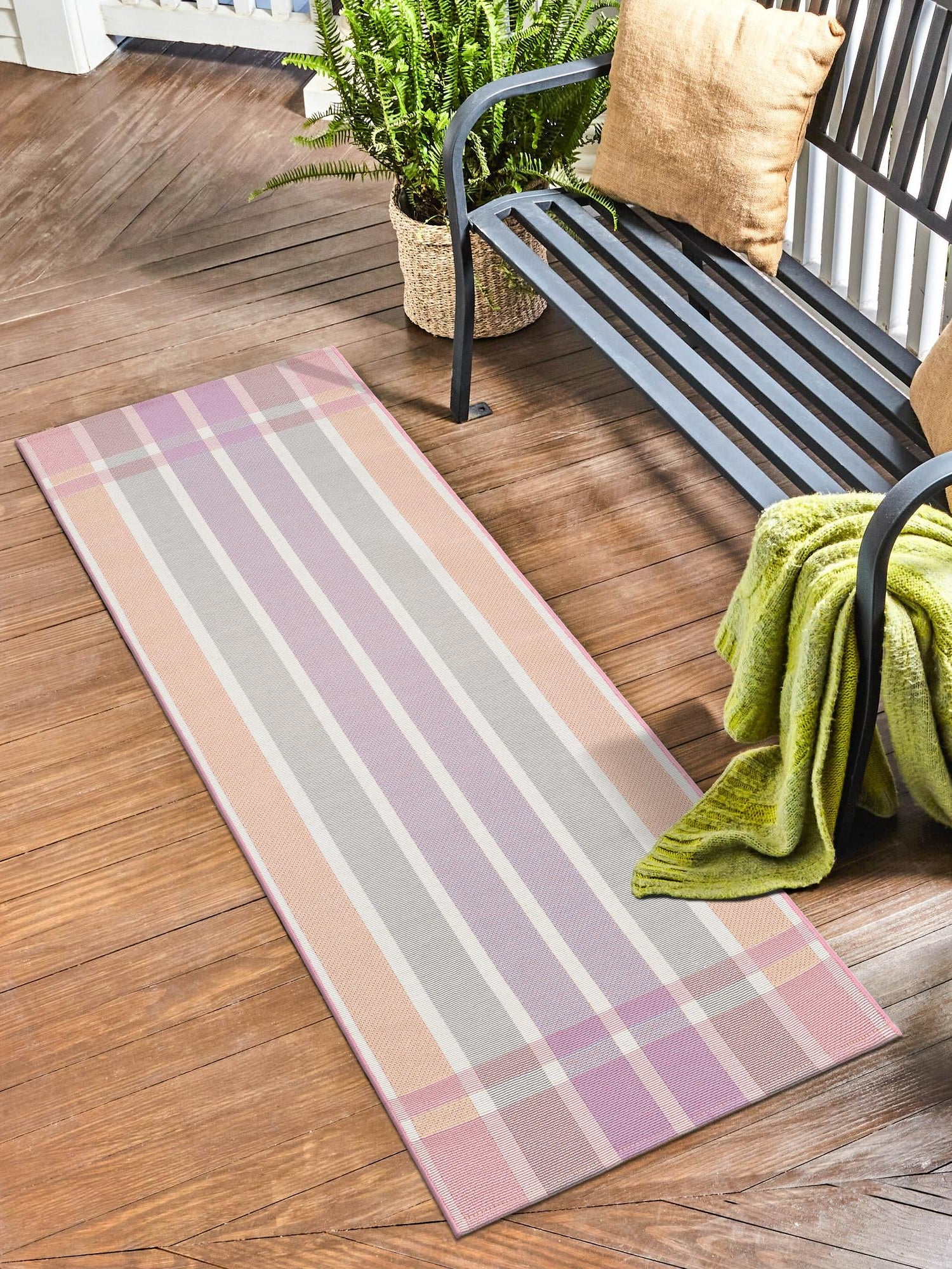 Pink and Lavender 2' x 6' 1 Outdoor Striped Runner Area Rug Weather Resistant for Patio, Deck, Terrace, Balcony, Porch Geometric Pattern Waterproof Carpet for Sale at Rug Engine