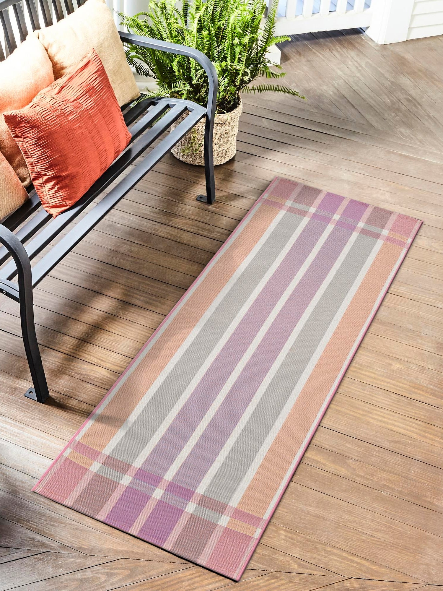 Pink and Lavender 2' x 6' 1 Outdoor Striped Runner Area Rug Weather Resistant for Patio, Deck, Terrace, Balcony, Porch Geometric Pattern Waterproof Carpet for Sale at Rug Engine