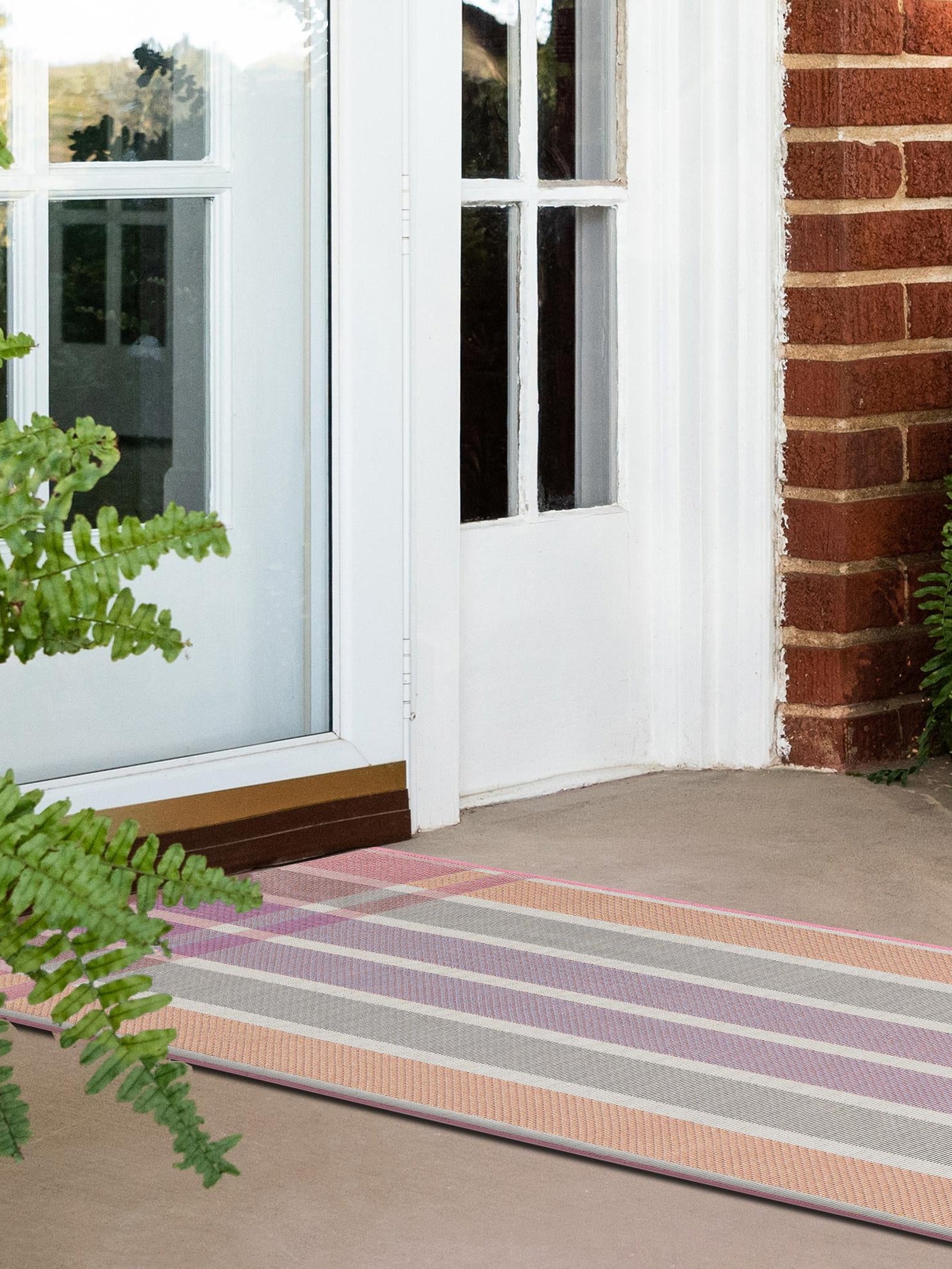 Pink and Lavender 2' 7 x 10' Outdoor Striped Runner Area Rug Weather Resistant for Patio, Deck, Terrace, Balcony, Porch Geometric Pattern Waterproof Carpet for Sale at Rug Engine