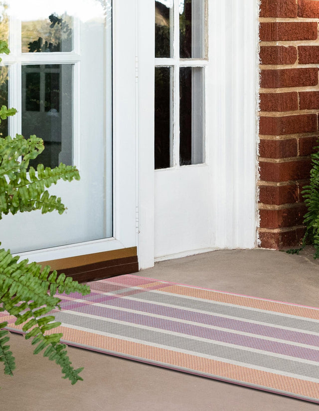 Pink and Lavender 2' 7 x 10' Outdoor Striped Runner Area Rug Weather Resistant for Patio, Deck, Terrace, Balcony, Porch Geometric Pattern Waterproof Carpet for Sale at Rug Engine