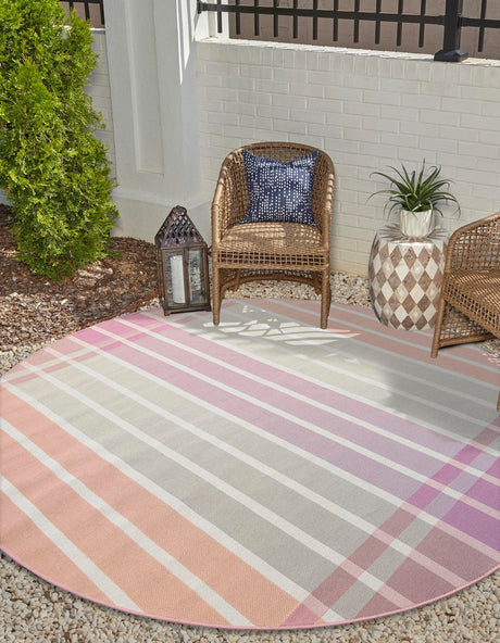 Pink and Lavender 6' 1 x 6' 1 Outdoor Striped Round Rug