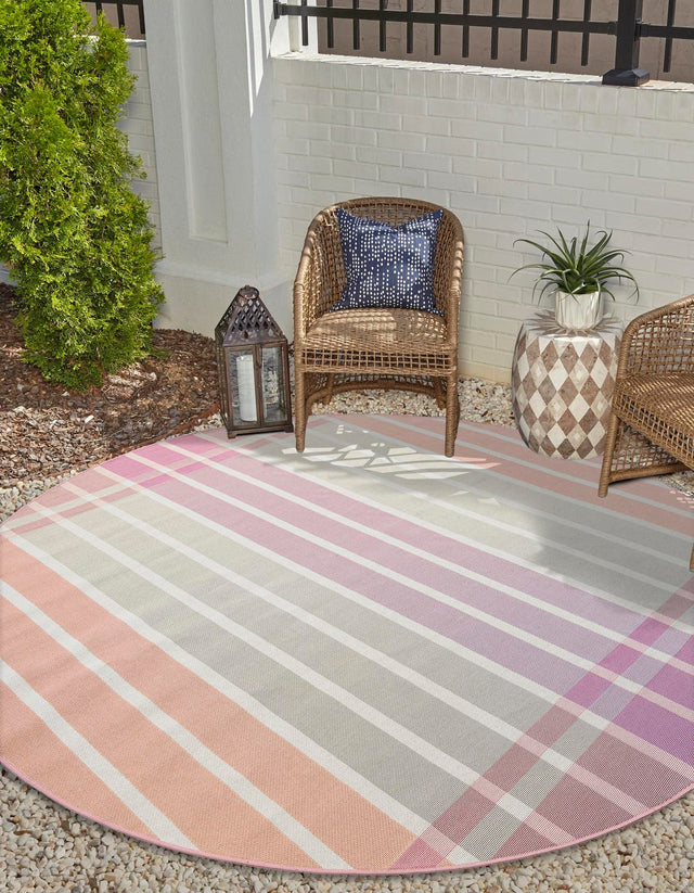 Pink and Lavender 7' 10 x 7' 10 Outdoor Striped Round Area Rug Weather Resistant for Patio, Deck, Terrace, Balcony, Porch Geometric Pattern Waterproof Carpet for Sale at Rug Engine