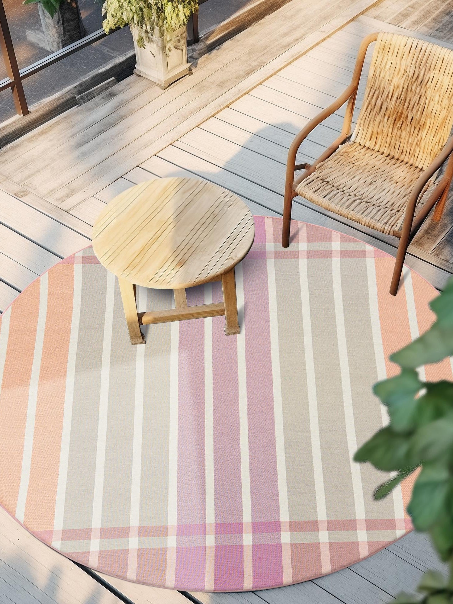 Pink and Lavender 3' 1 x 3' 1 Outdoor Striped Round Area Rug Weather Resistant for Patio, Deck, Terrace, Balcony, Porch Geometric Pattern Waterproof Carpet for Sale at Rug Engine