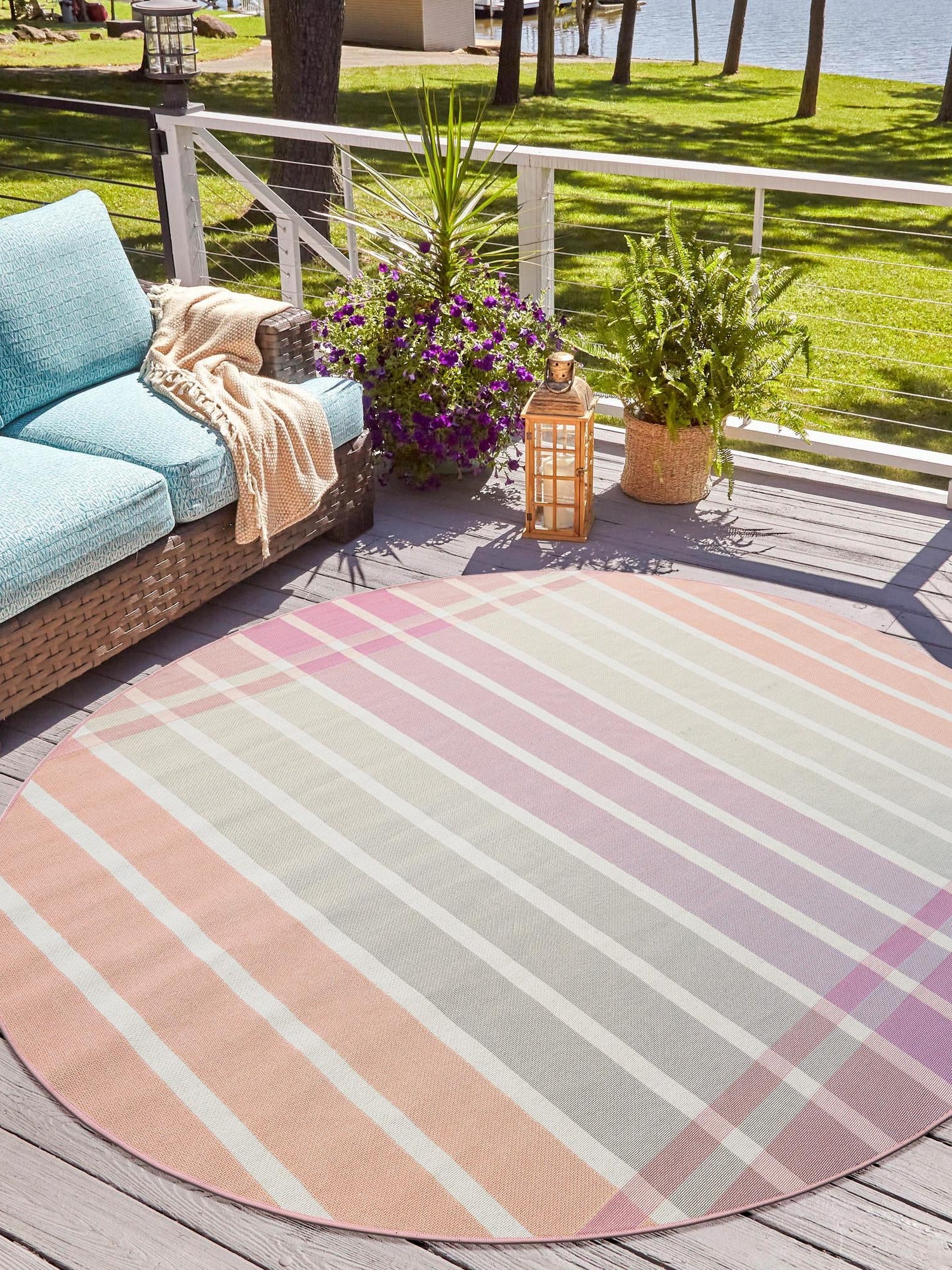 Pink and Lavender 7' 10 x 7' 10 Outdoor Striped Round Area Rug Weather Resistant for Patio, Deck, Terrace, Balcony, Porch Geometric Pattern Waterproof Carpet for Sale at Rug Engine