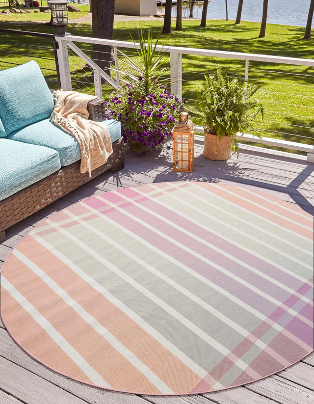 Pink and Lavender 3' 1 x 3' 1 Outdoor Striped Round Area Rug Weather Resistant for Patio, Deck, Terrace, Balcony, Porch Geometric Pattern Waterproof Carpet for Sale at Rug Engine