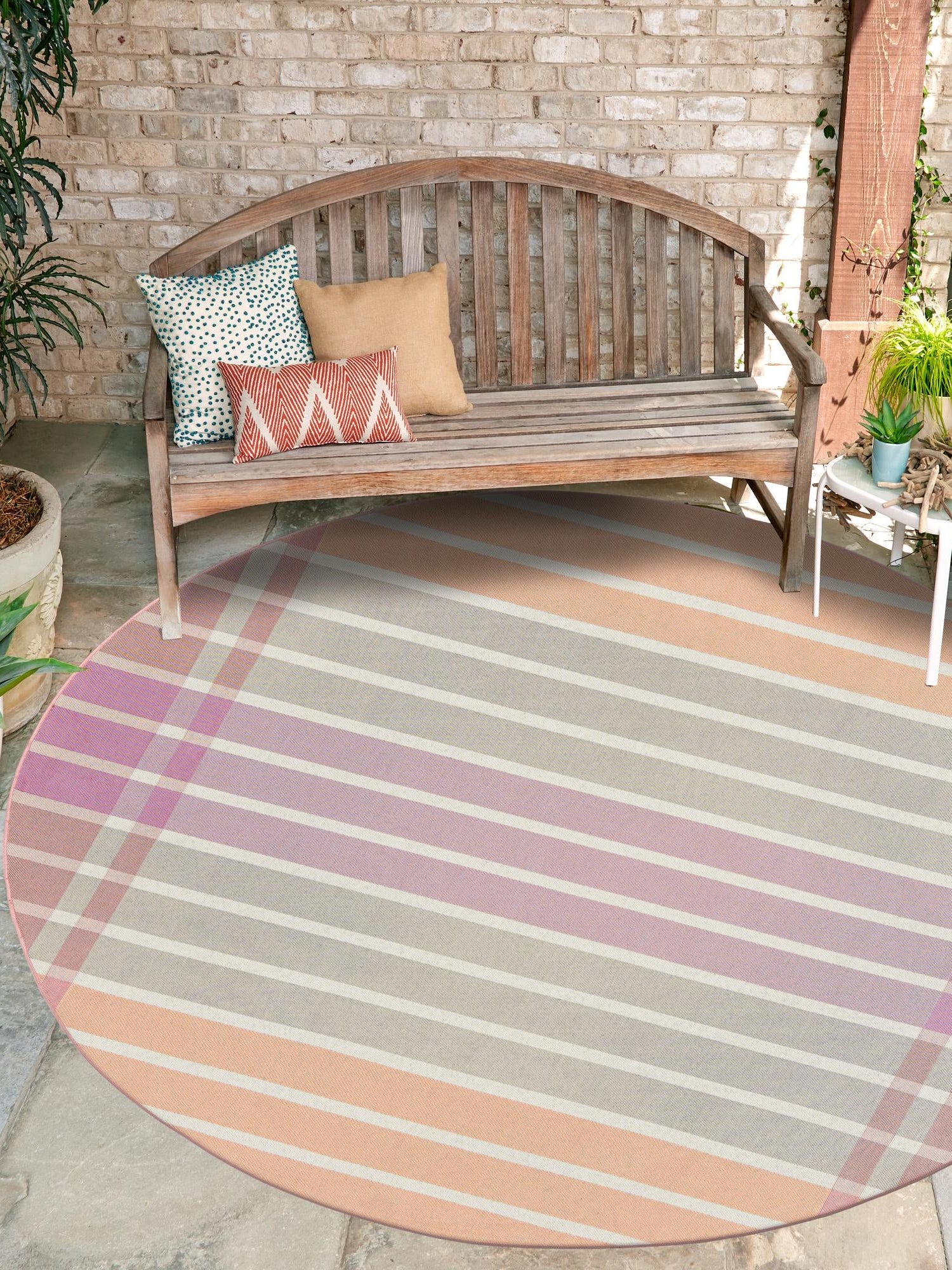 Pink and Lavender 4' 1 x 4' 1 Outdoor Striped Round Area Rug Weather Resistant for Patio, Deck, Terrace, Balcony, Porch Geometric Pattern Waterproof Carpet for Sale at Rug Engine
