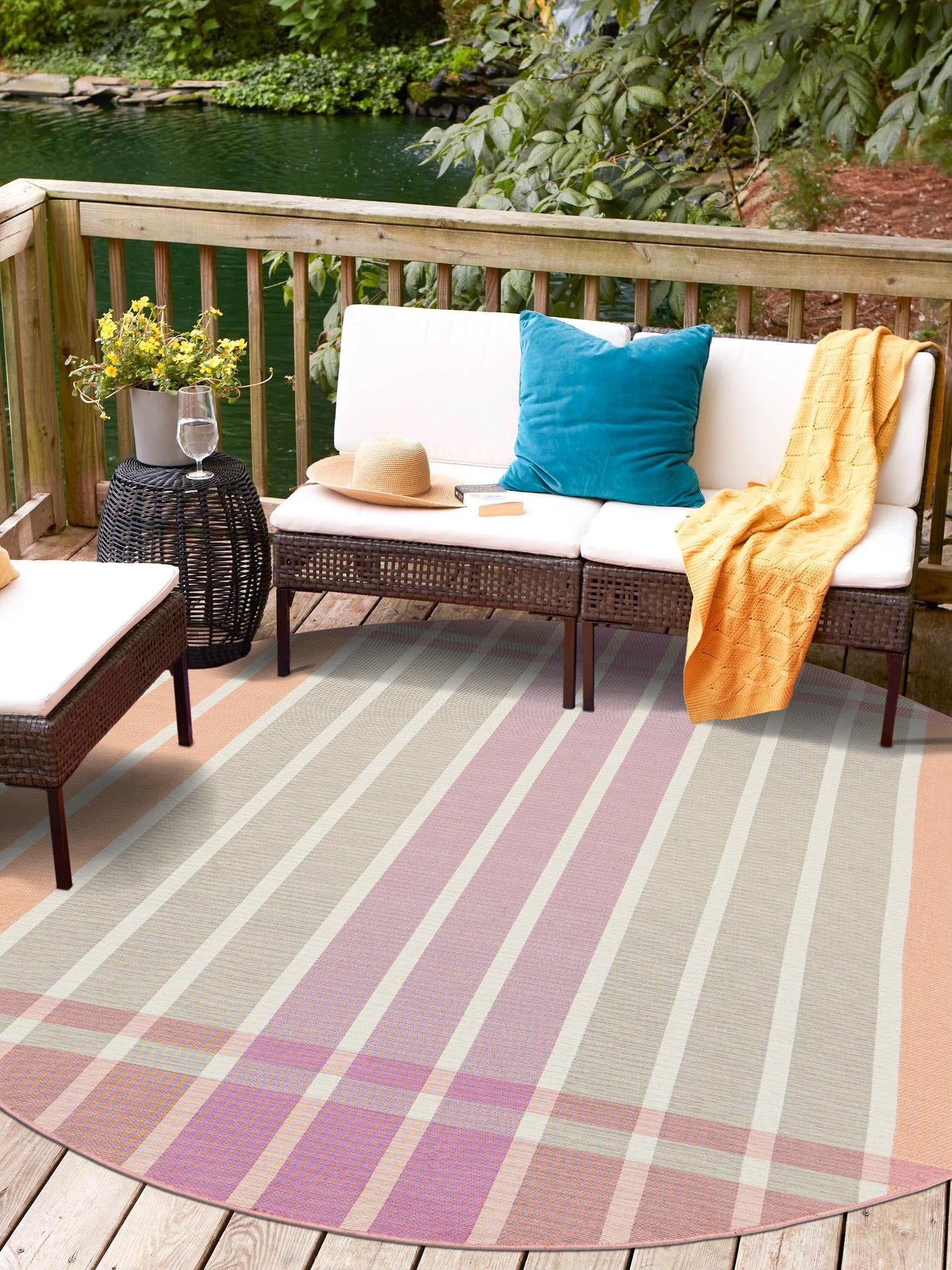 Pink and Lavender 10' x 10' Outdoor Striped Round Area Rug Weather Resistant for Patio, Deck, Terrace, Balcony, Porch Geometric Pattern Waterproof Carpet for Sale at Rug Engine
