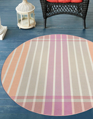 Pink and Lavender 10' x 10' Outdoor Striped Round Area Rug Weather Resistant for Patio, Deck, Terrace, Balcony, Porch Geometric Pattern Waterproof Carpet for Sale at Rug Engine