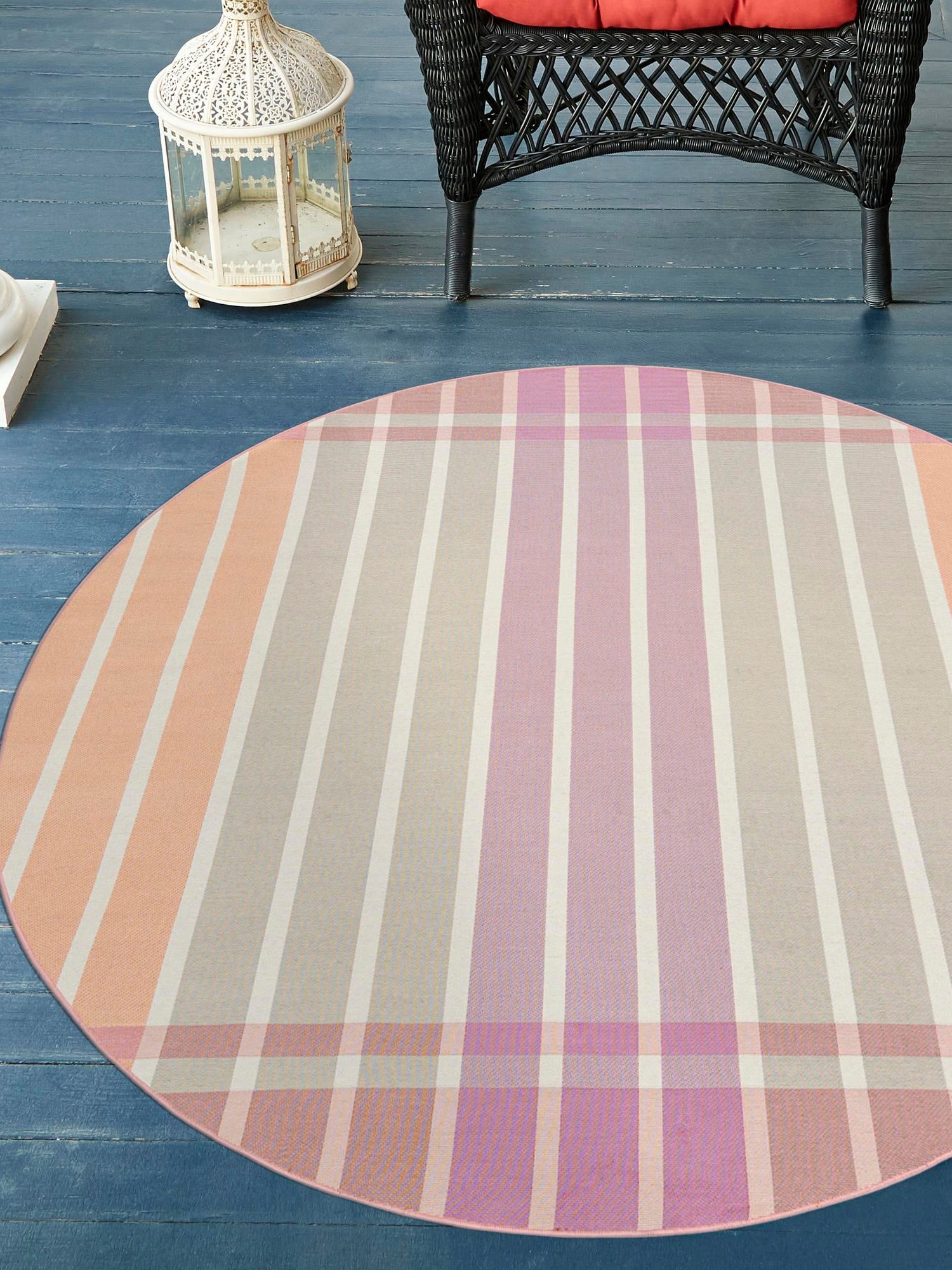 Pink and Lavender 4' 1 x 4' 1 Outdoor Striped Round Area Rug Weather Resistant for Patio, Deck, Terrace, Balcony, Porch Geometric Pattern Waterproof Carpet for Sale at Rug Engine