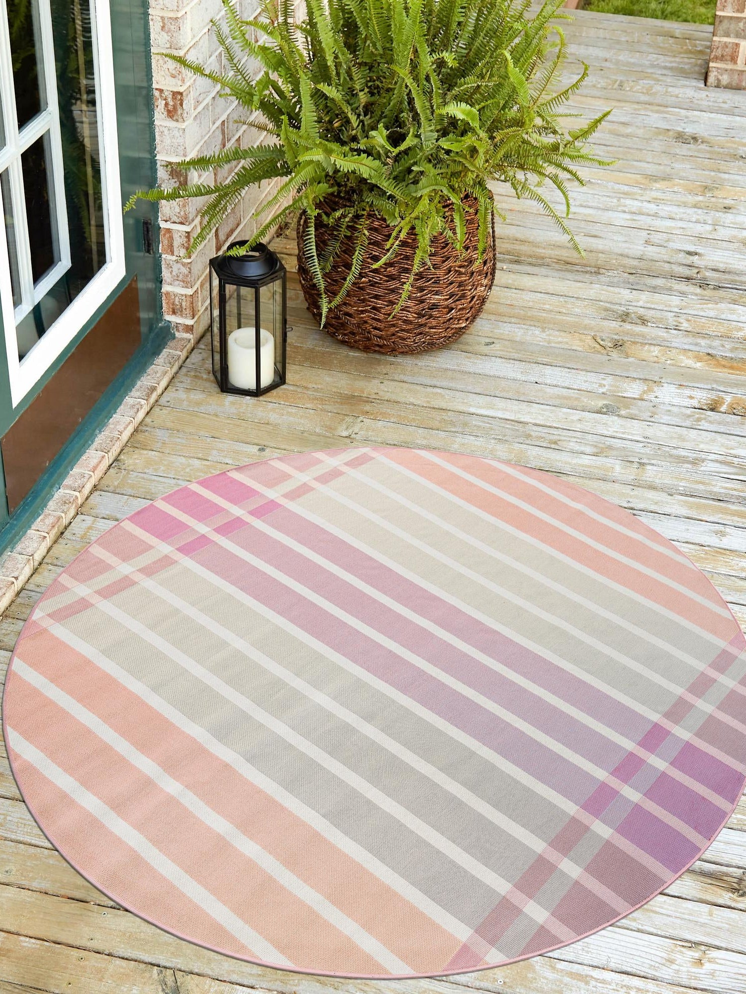Pink and Lavender 10' x 10' Outdoor Striped Round Area Rug Weather Resistant for Patio, Deck, Terrace, Balcony, Porch Geometric Pattern Waterproof Carpet for Sale at Rug Engine