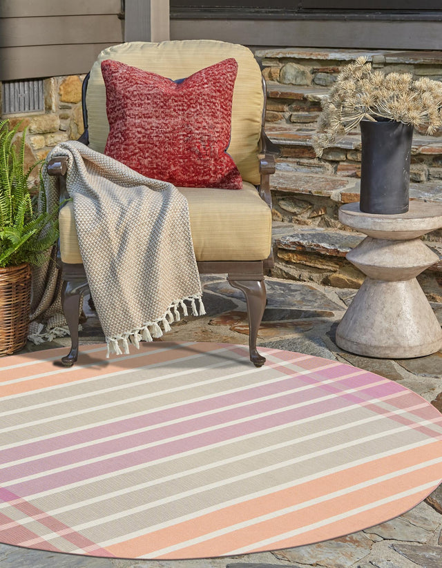 Pink and Lavender 6' 1 x 6' 1 Outdoor Striped Round Rug