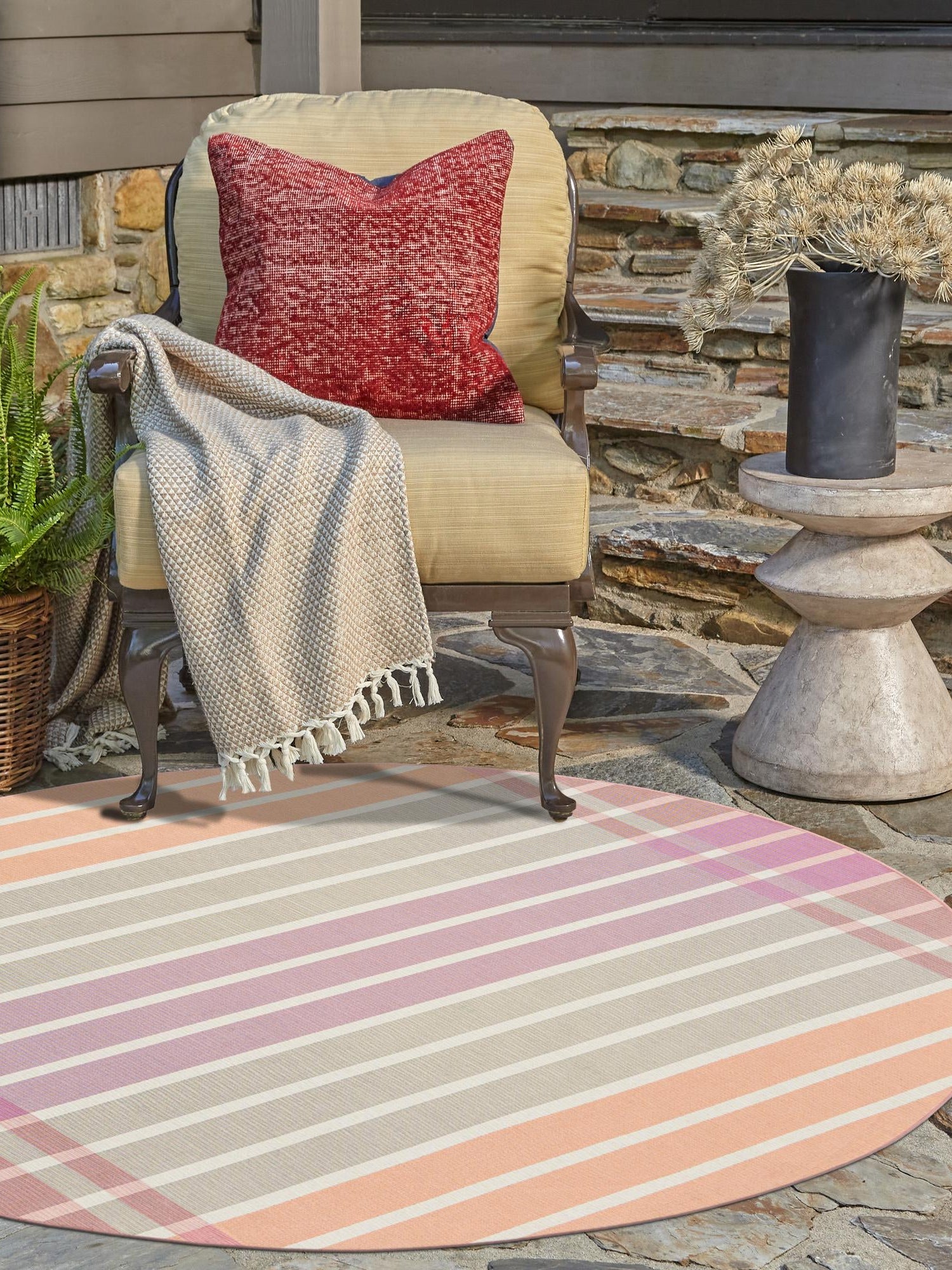 Pink and Lavender 3' 1 x 3' 1 Outdoor Striped Round Area Rug Weather Resistant for Patio, Deck, Terrace, Balcony, Porch Geometric Pattern Waterproof Carpet for Sale at Rug Engine