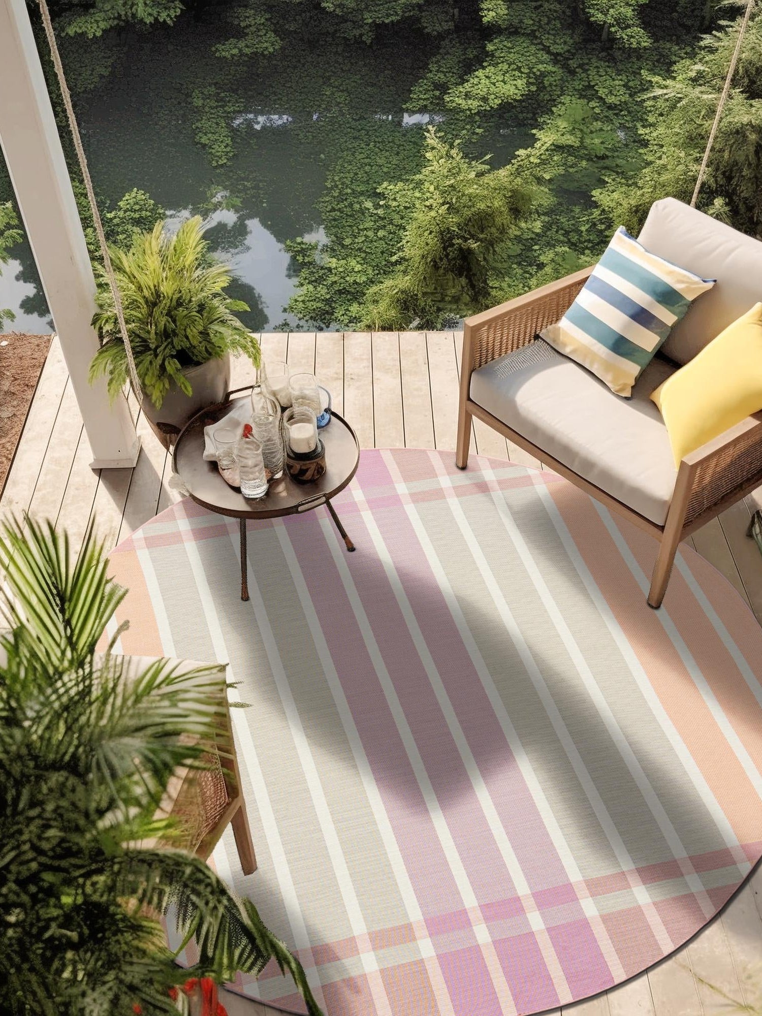 Pink and Lavender 3' 1 x 3' 1 Outdoor Striped Round Area Rug Weather Resistant for Patio, Deck, Terrace, Balcony, Porch Geometric Pattern Waterproof Carpet for Sale at Rug Engine