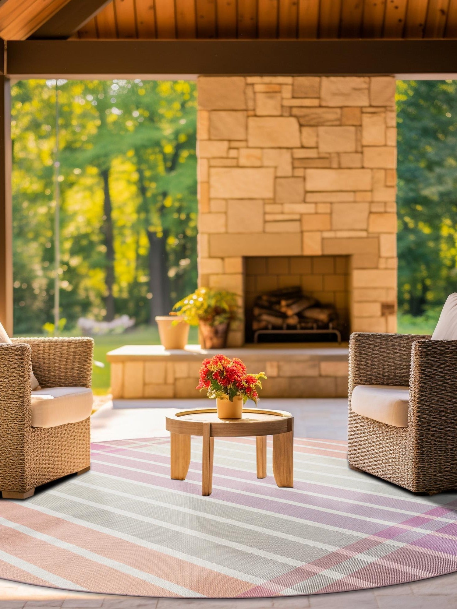 Pink and Lavender 4' 1 x 4' 1 Outdoor Striped Round Area Rug Weather Resistant for Patio, Deck, Terrace, Balcony, Porch Geometric Pattern Waterproof Carpet for Sale at Rug Engine